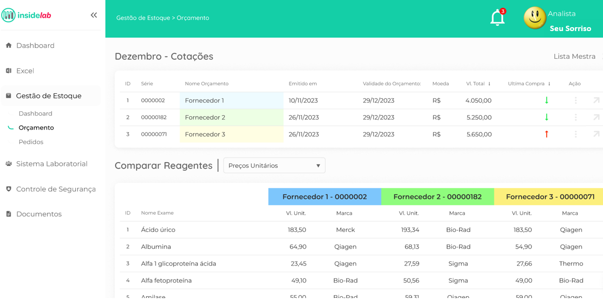 Tela de cotações e comparação de fornecedores