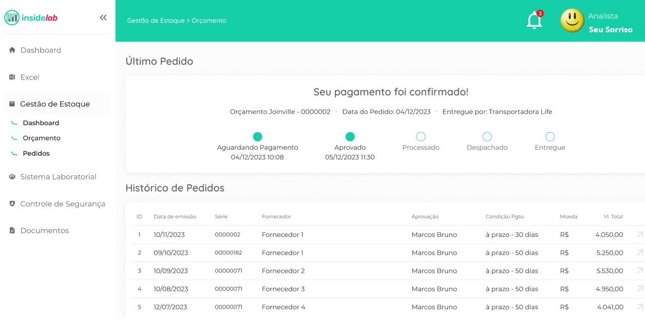 Tela de pedidos e histórico de compras